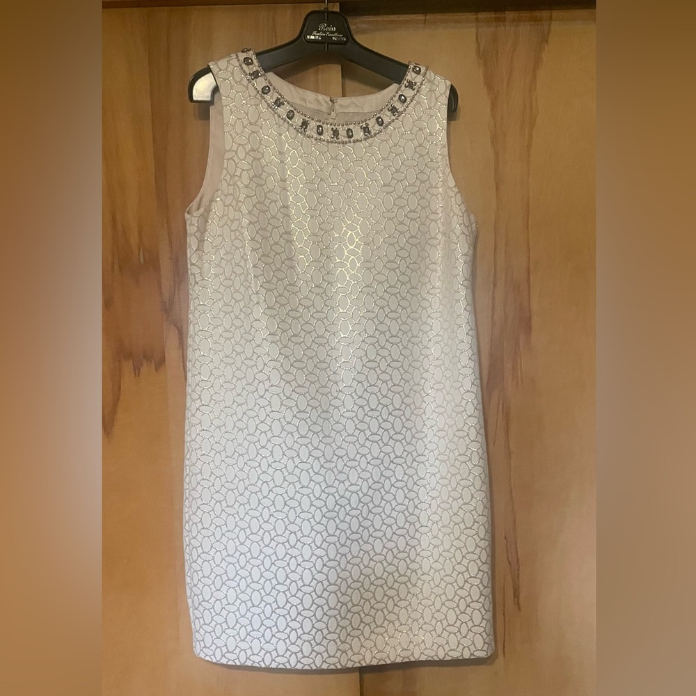 Sleeveless Beaded Neck Cream and Gold Sheath Dress sz 14